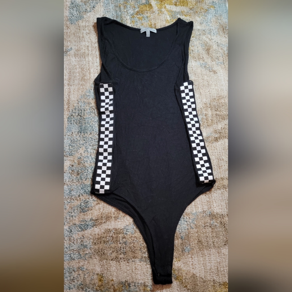 Black and White Checkerd V-Line Checkerboard Unitard Bodysuit